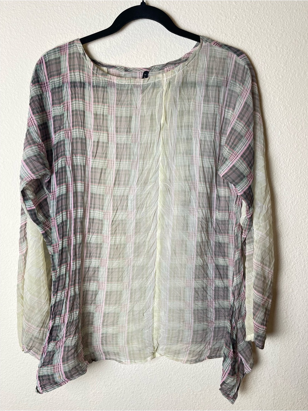 Babette SF Plaid Crinkle Top Blouse Size Small Pink Green Lightweight Sheer